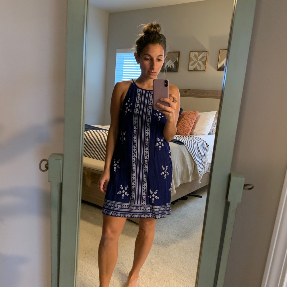 Blue Mini Dress with White Floral Pattern